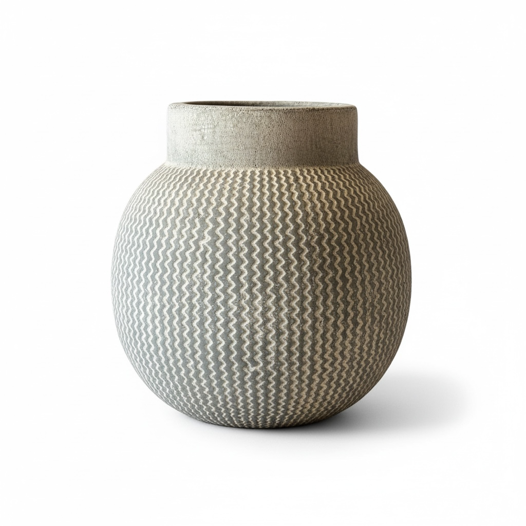 White Ball-Shaped Planter with Zigzags, Large 10"