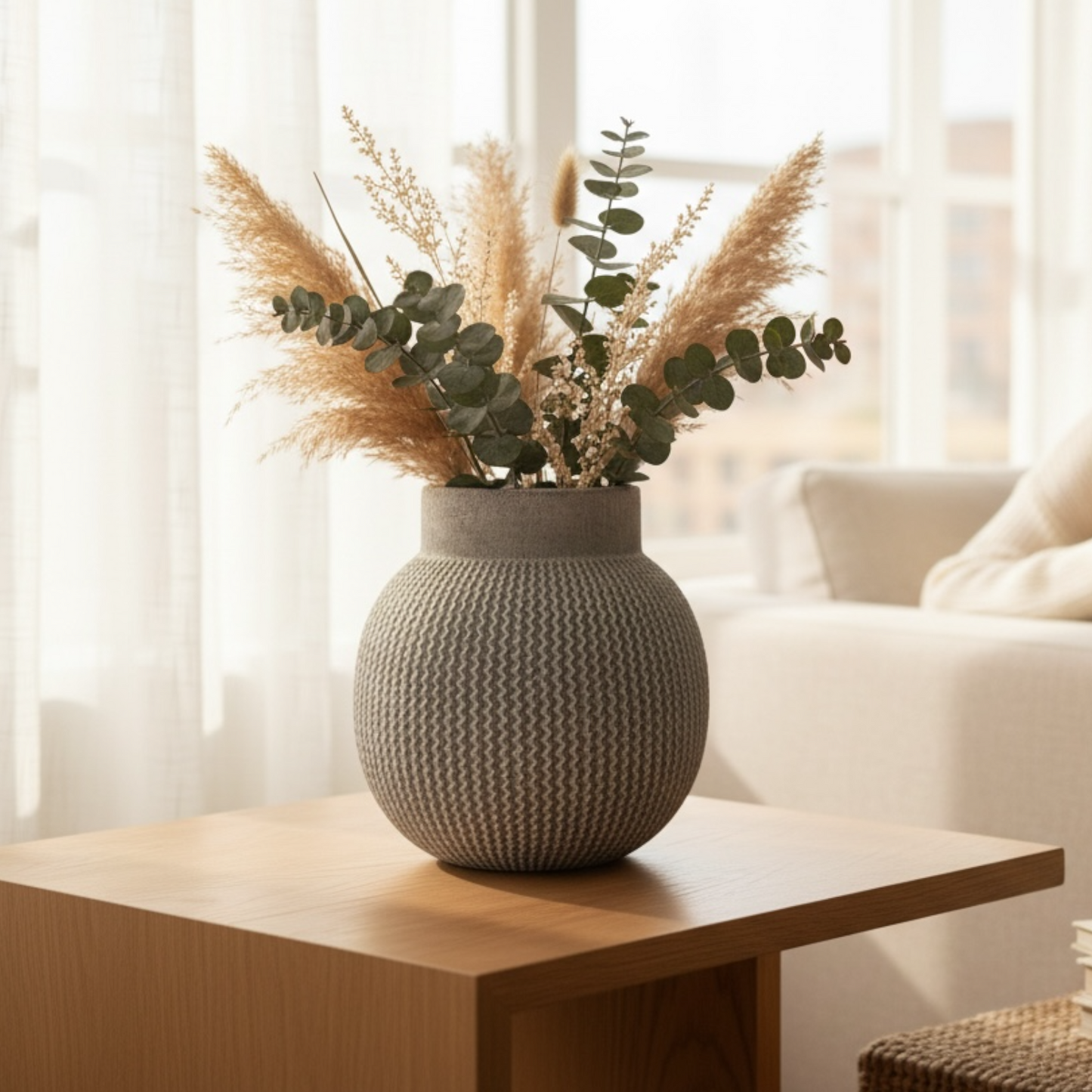 White Ball-Shaped Planter with Zigzags, Large 10"