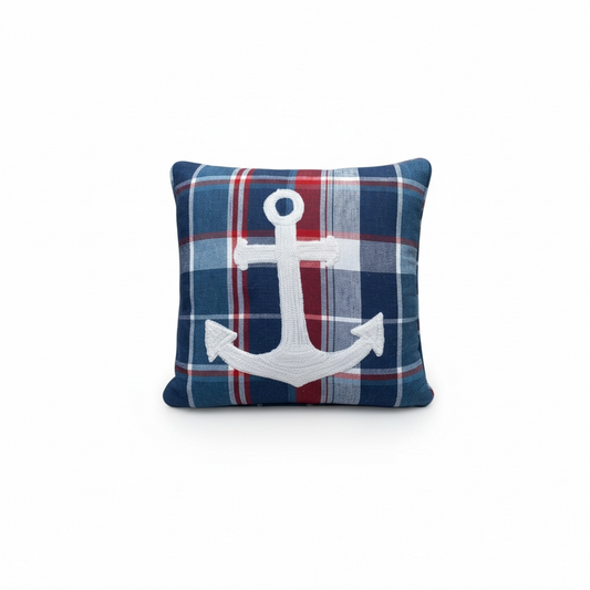 Picnic Plaid Anchor Embroidered Pillow - 10"x10"