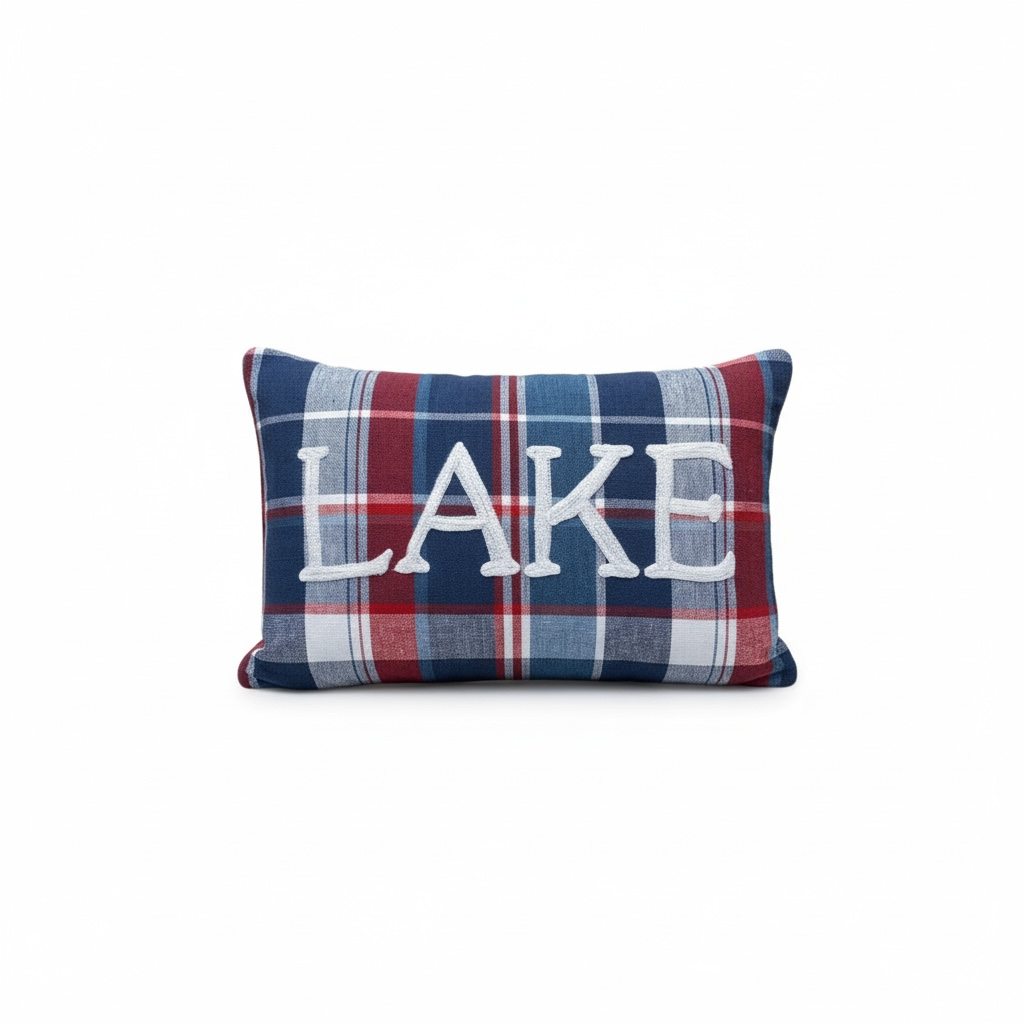 Picnic Plaid Lake Embroidered Pillow - 8"x12"