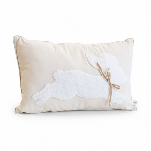 Leaping Bunny Embroidered Lumbar Pillow, Natural - 13"x20"