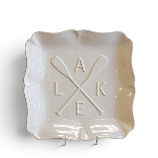 Lake Oar White Embossed Square Platter - 11.5"