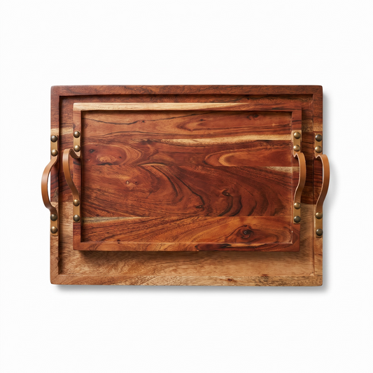 Wooden Serving Tray with Leather Handles