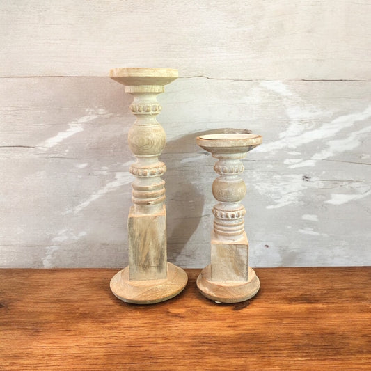 Whitewashed Wooden Pillar Candle Holders