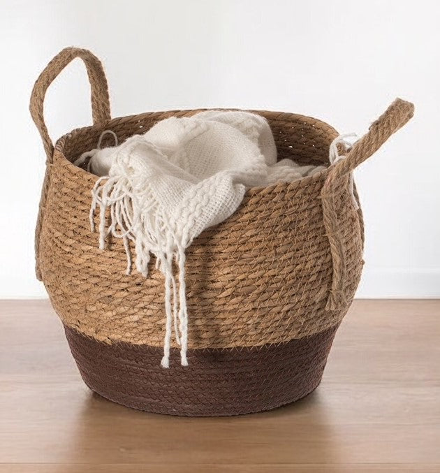 Decorative Round Storage Basket with Woven Handles