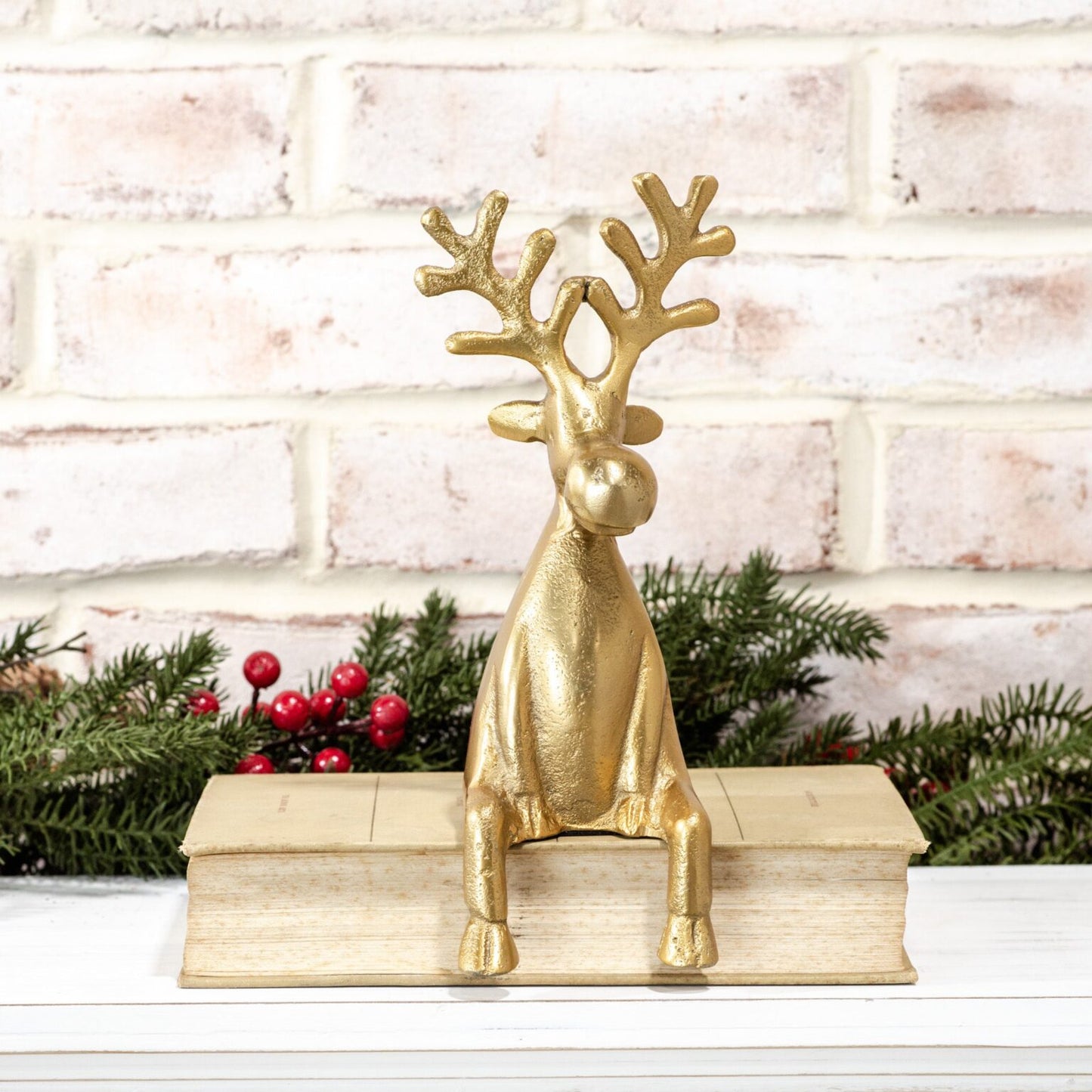 Gold Sitting Edge of Shelf Reindeer - 7.7"