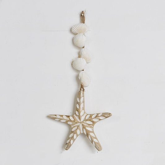 Hanging Carved Wood Starfish with Shells