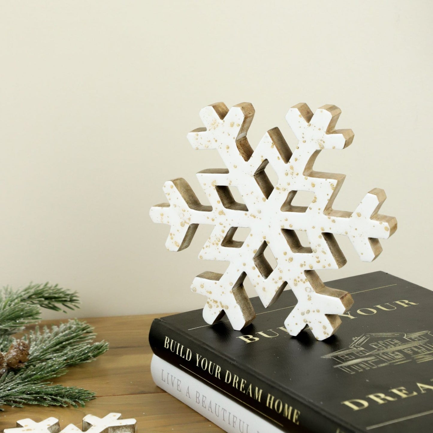 Gold Flecked Enamel Wooden Snowflake