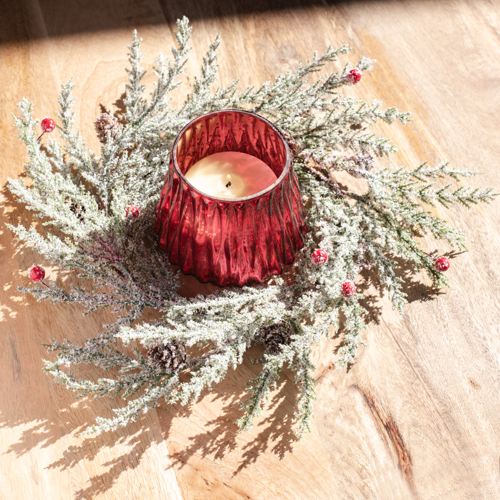 Frosted Candle Ring with Berries and Pinecones - 15"