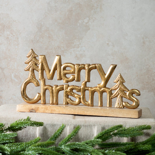 Wood and Gold Tabletop Merry Christmas 11"