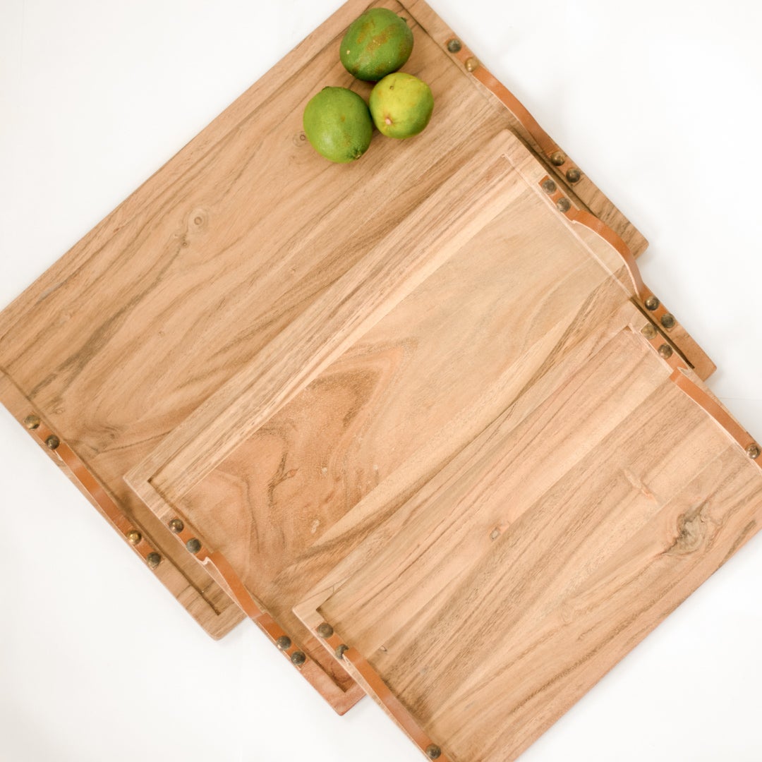 Wooden Serving Tray with Leather Handles