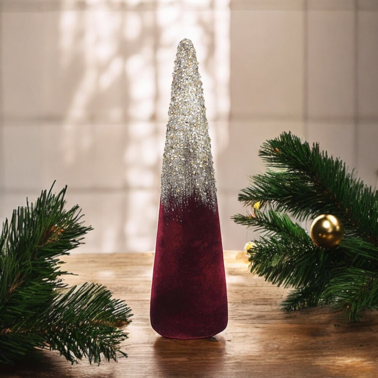 Red Velvet Christmas Cone Tree with Gold Glitter - 18.5"