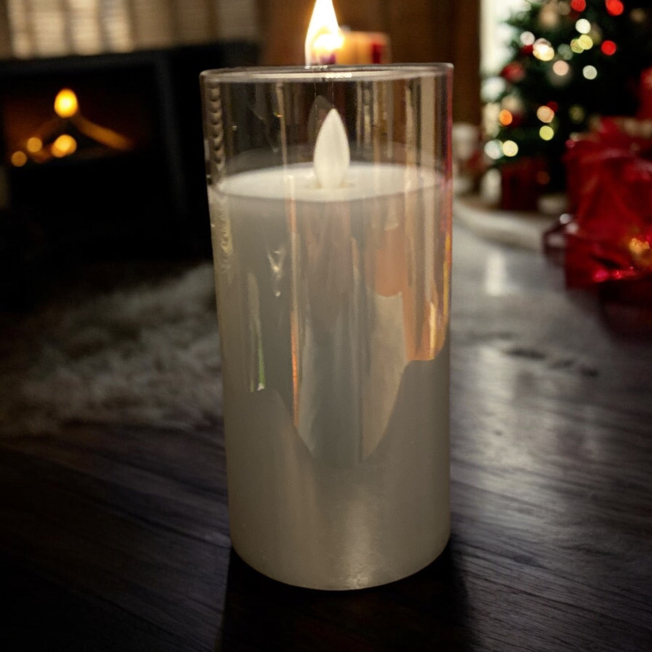 Metallic Silver Glass Moving Flame LED Candle - 3x6in