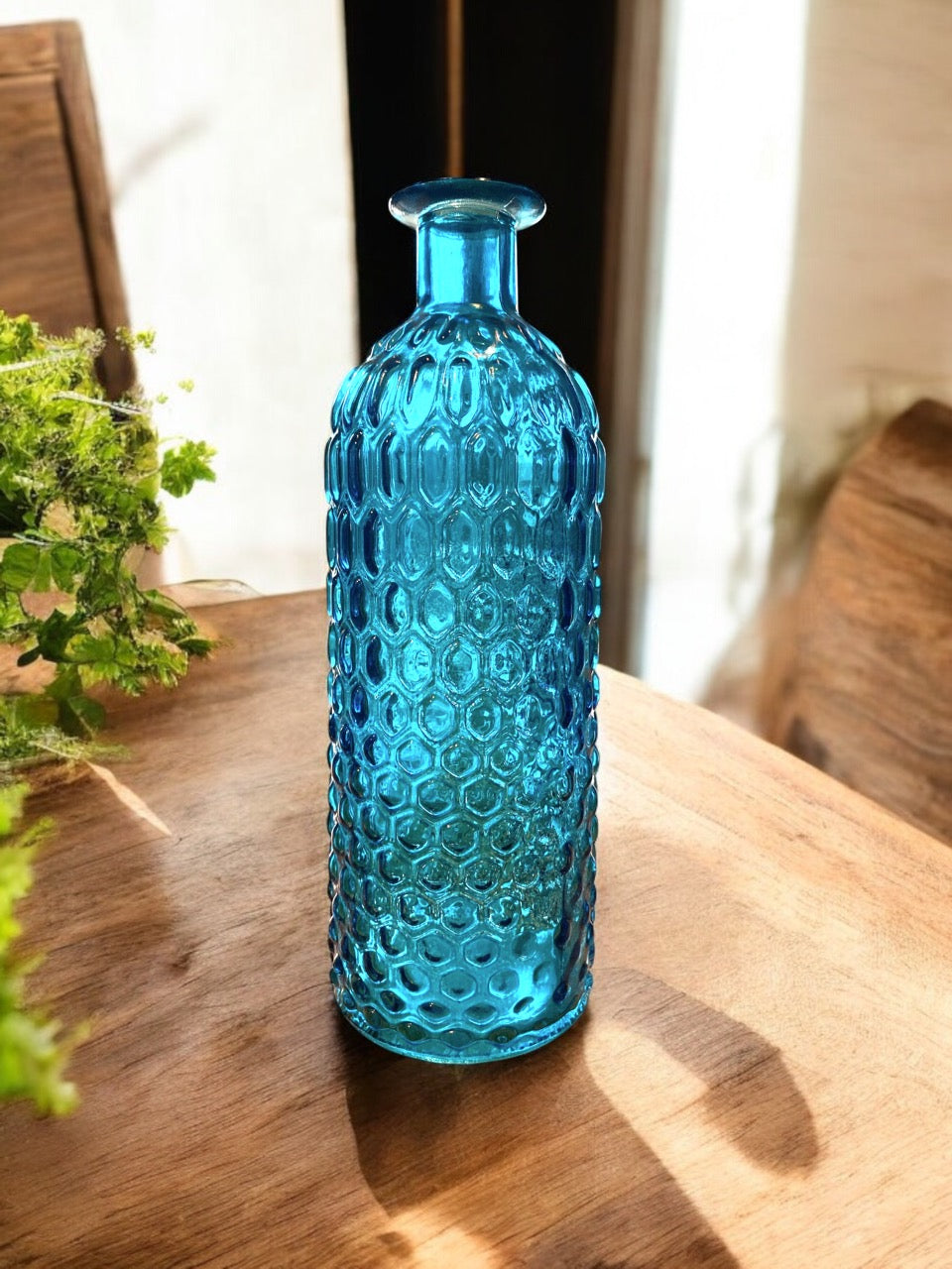 Narrow Mouth Textured Blue Glass Vase - 8"