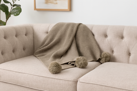 Khaki Chunky Knit Pom Pom Throw Blanket - 50"x60"