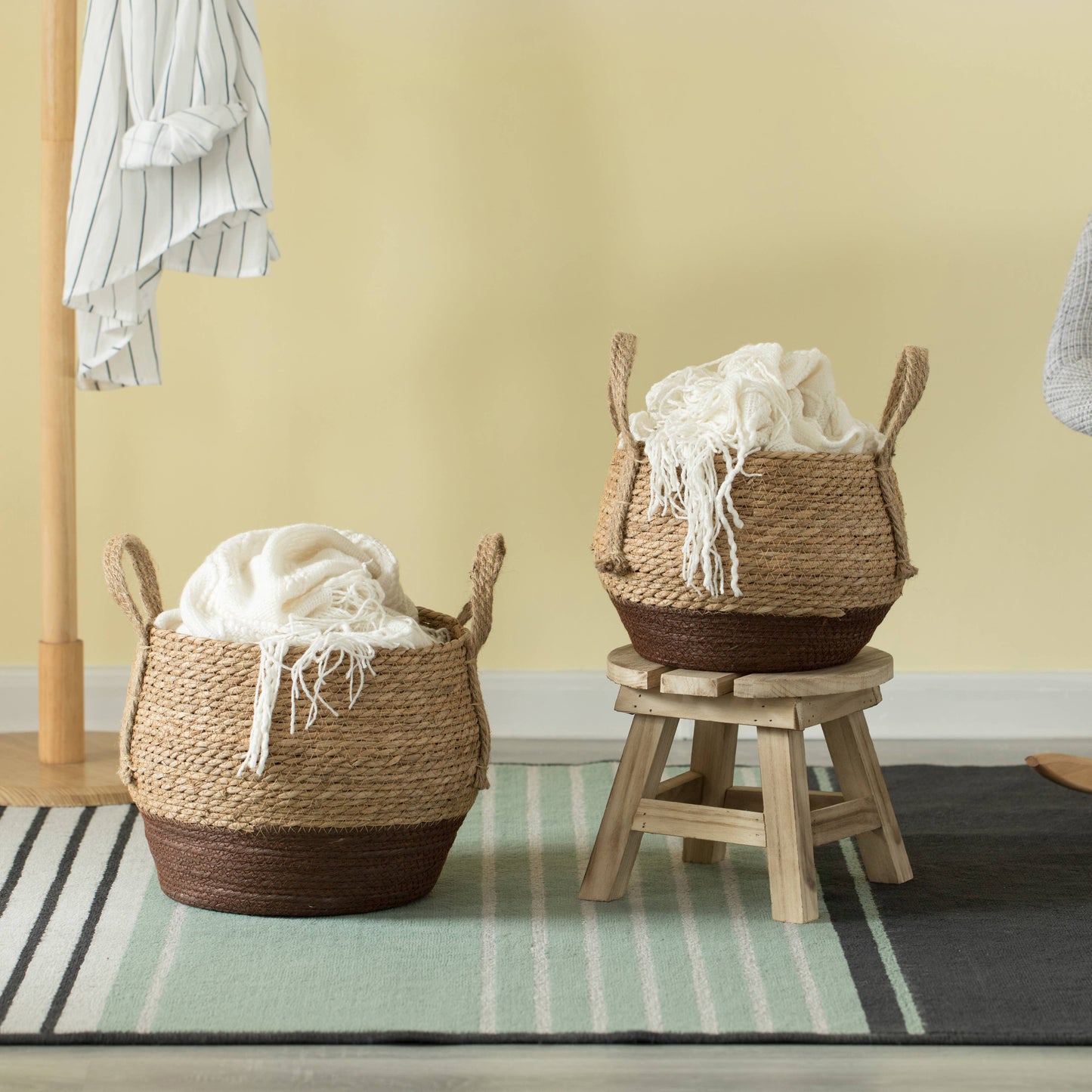 Decorative Round Storage Basket with Woven Handles