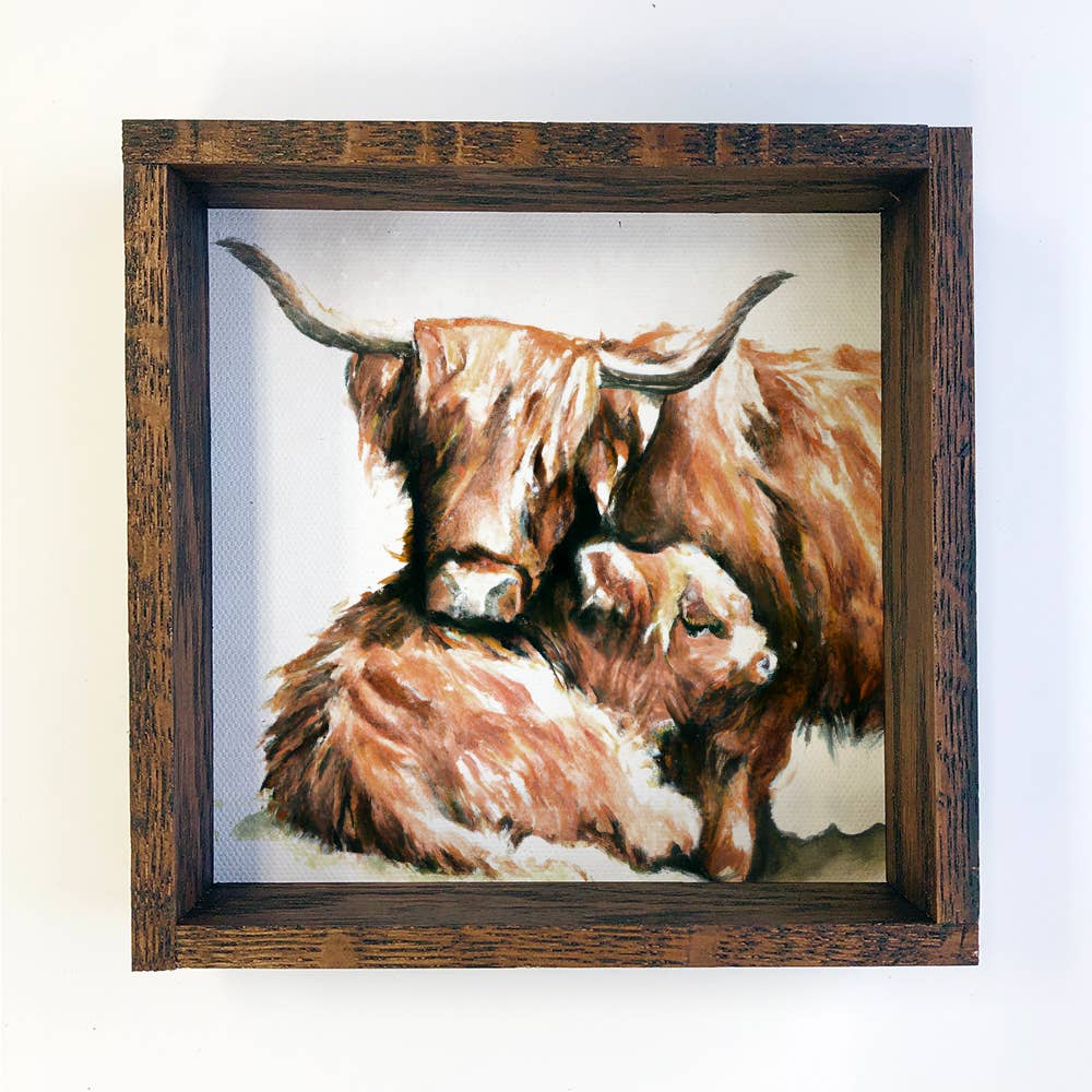 Mama and Baby Highland Cow Cuddling - 11"x11"