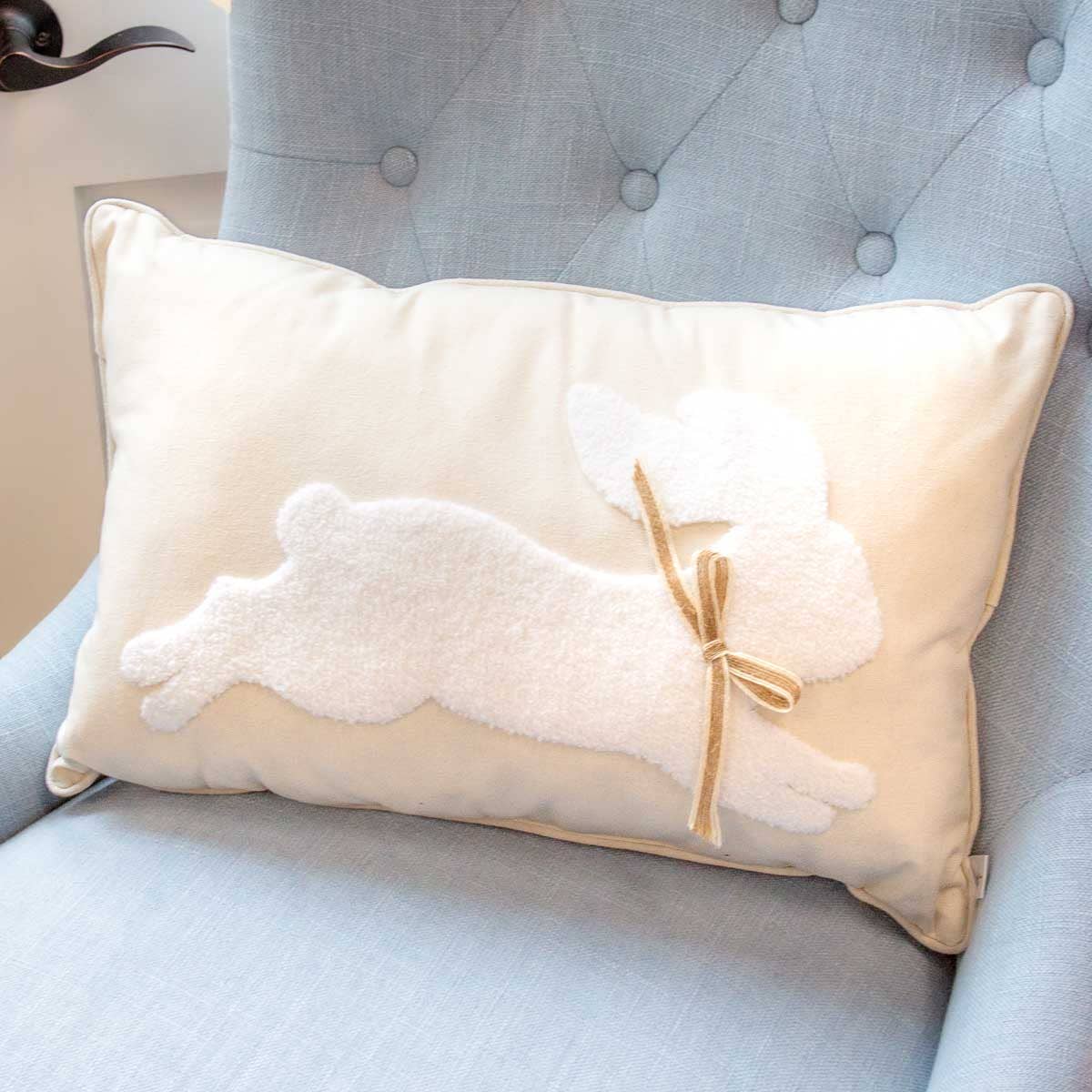 Leaping Bunny Embroidered Lumbar Pillow, Natural - 13"x20"