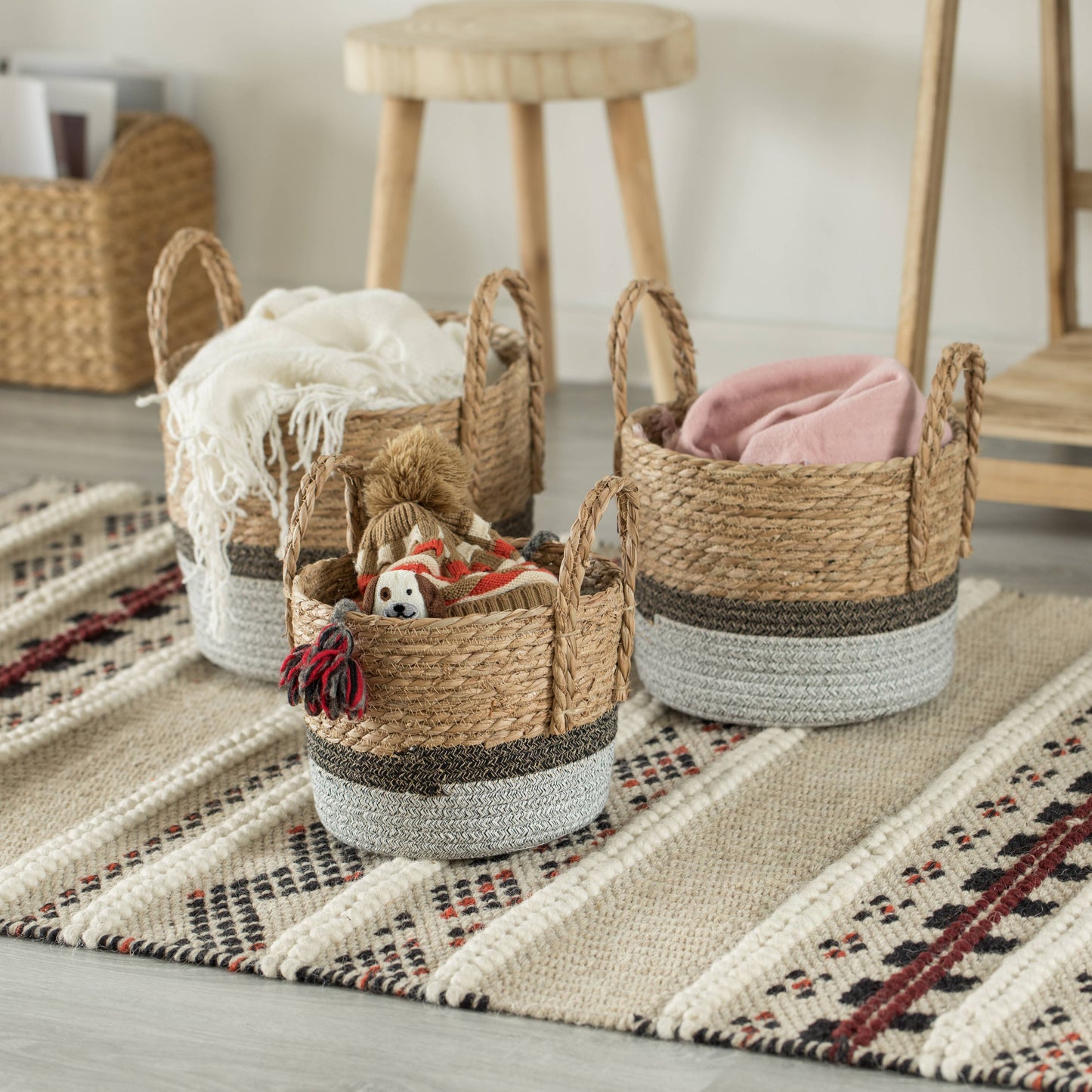 Decorative Round Storage Basket Set of 3 with Woven Handles