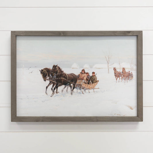 Vintage Snowy Sleigh Rides Framed Canvas - 20"x30"