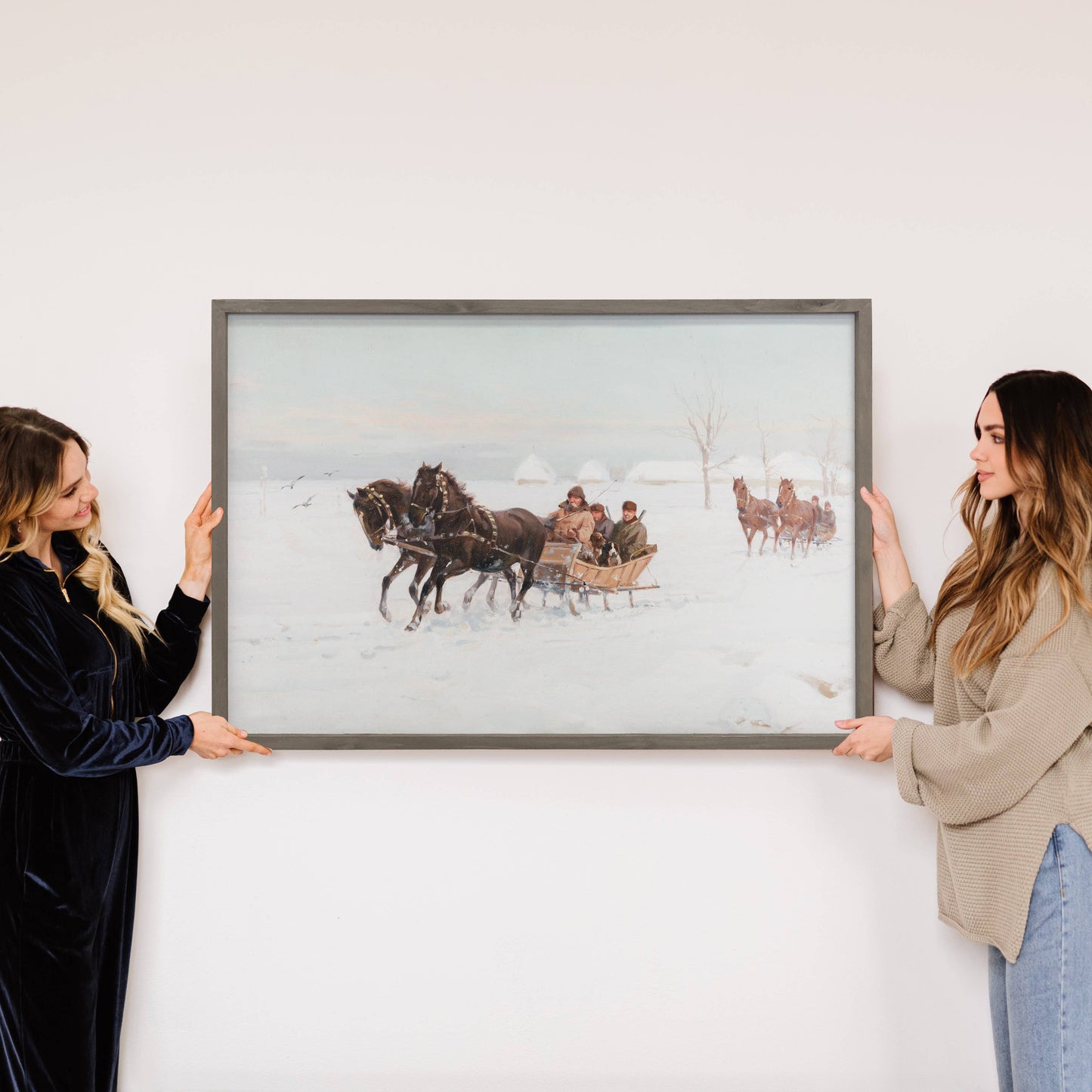 Vintage Snowy Sleigh Rides Framed Canvas - 20"x30"