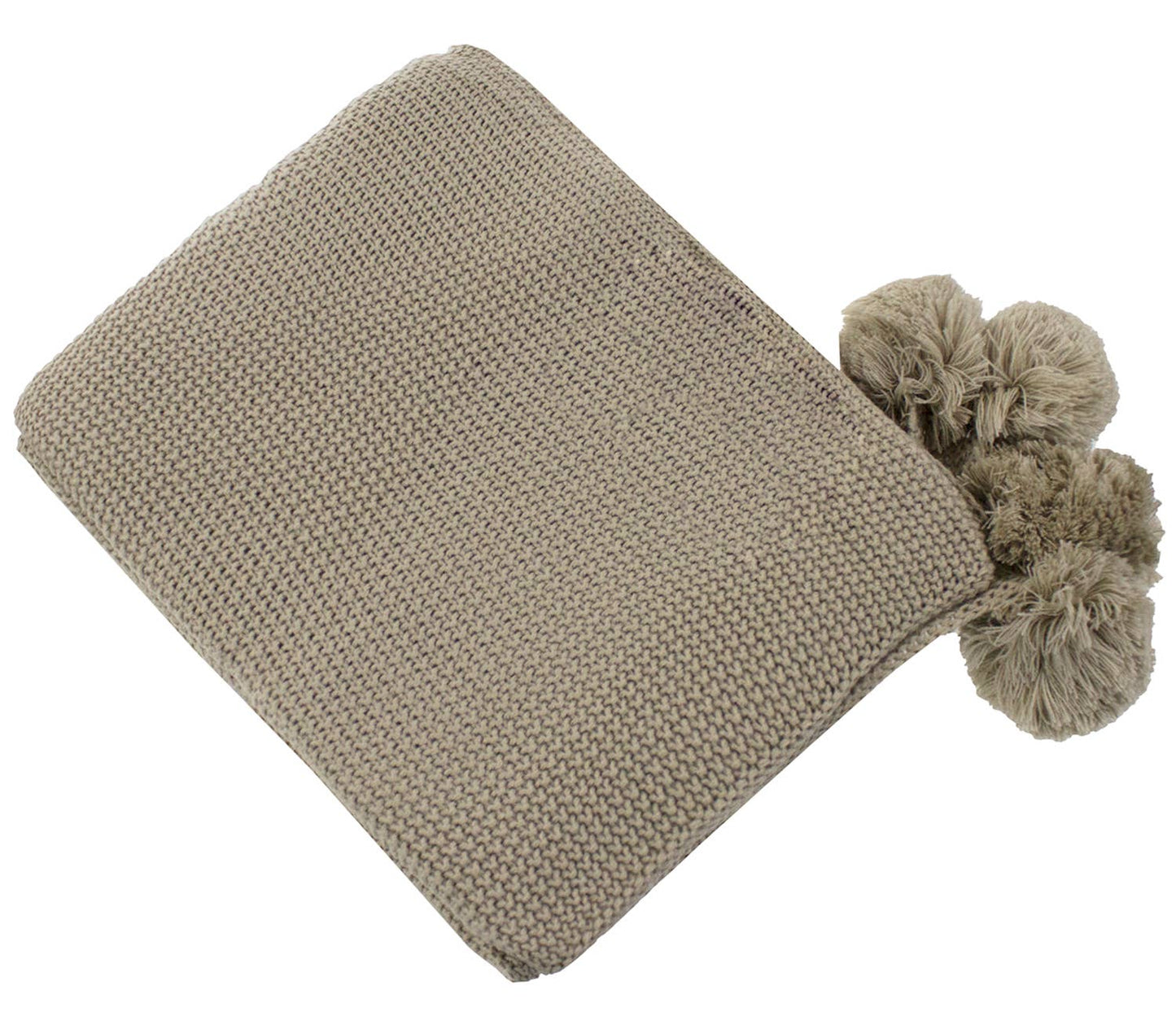 Khaki Chunky Knit Pom Pom Throw Blanket - 50"x60"