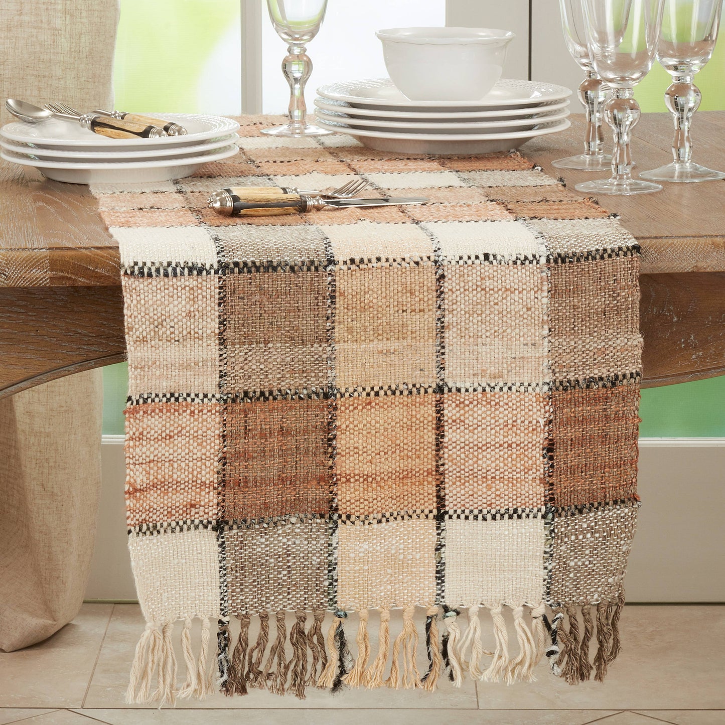 Natural Autumn Checkered Table Runner - 16"x72"