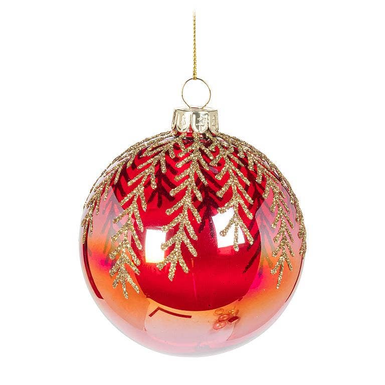 Iridescent Red Ball Ornament with Gold Leaves-  3"