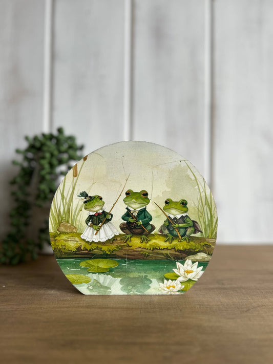 Frog Trio Fishing Rounded Wooden Sign - 5.5"