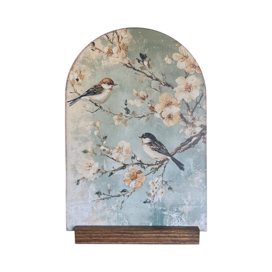 Vintage Bird in Blue Arch with Stand - 10"x7"