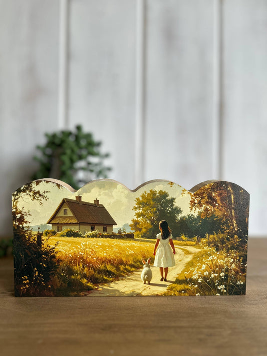 Girl With Bunny Scalloped Wooden Sign - 8"