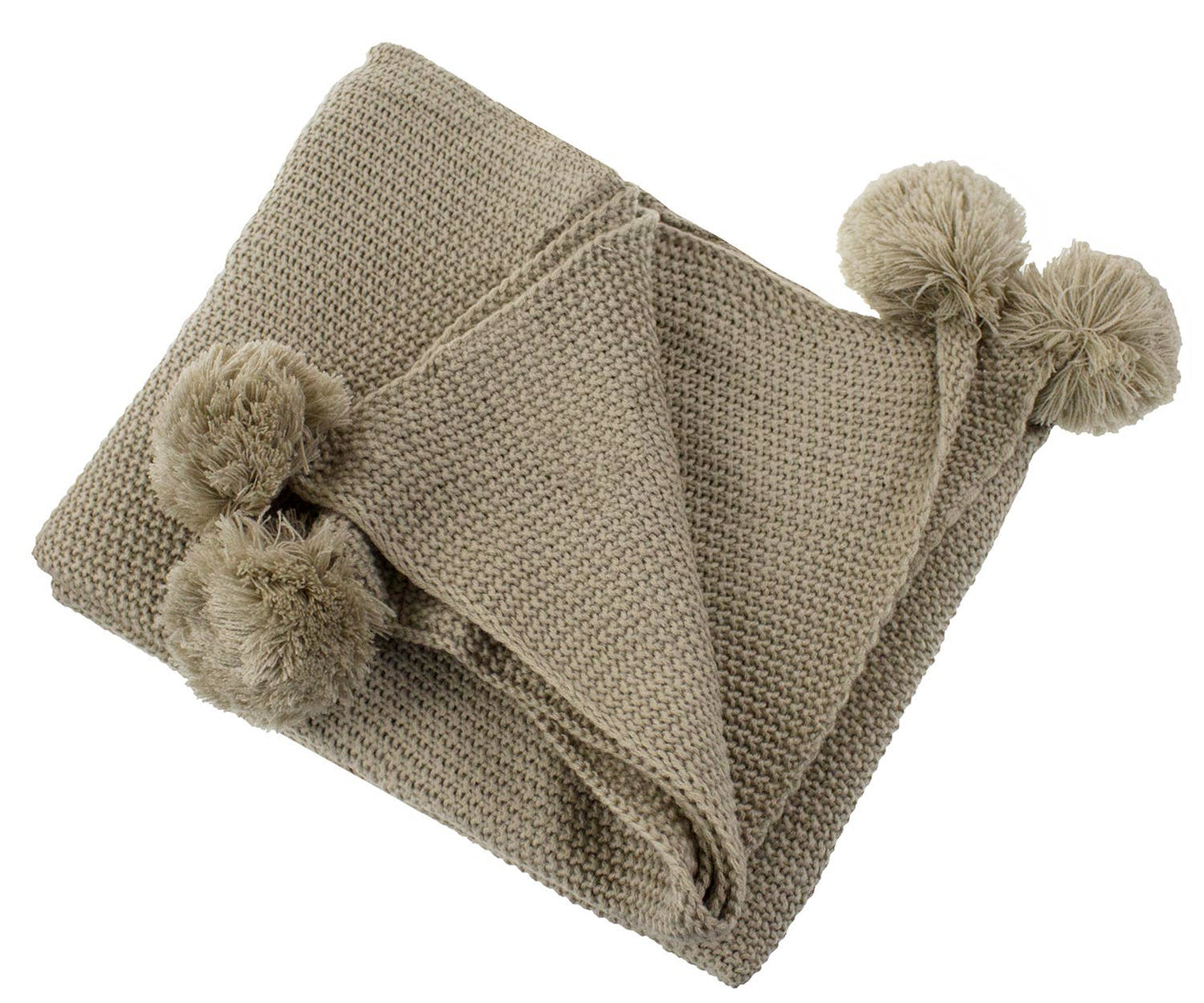 Khaki Chunky Knit Pom Pom Throw Blanket - 50"x60"
