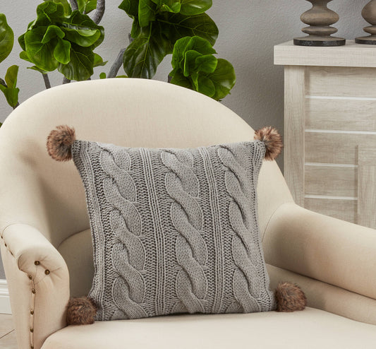 Cable Knit Pompom Throw Pillow - 18"