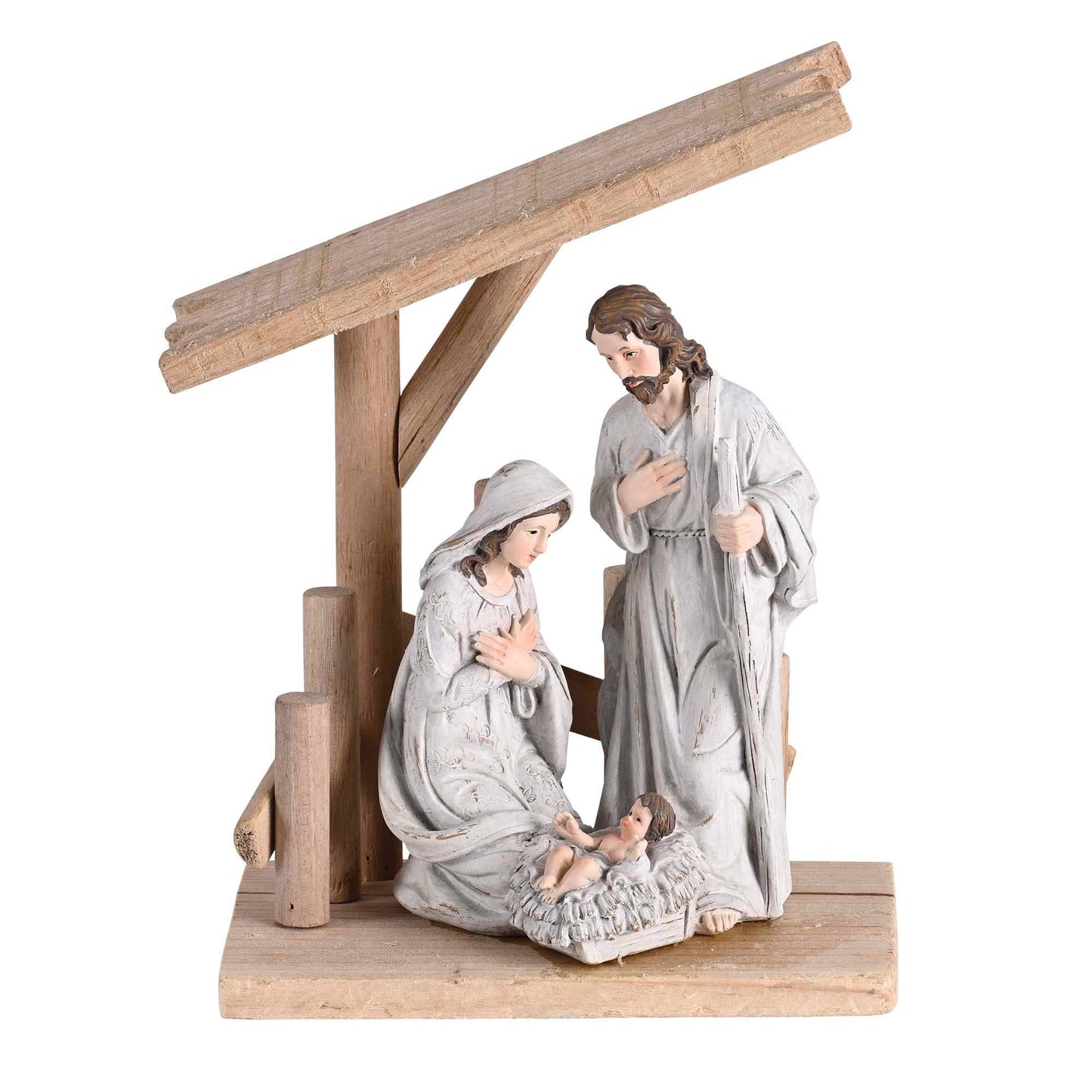Nativity Holy Family in Wooden Creche - 8"