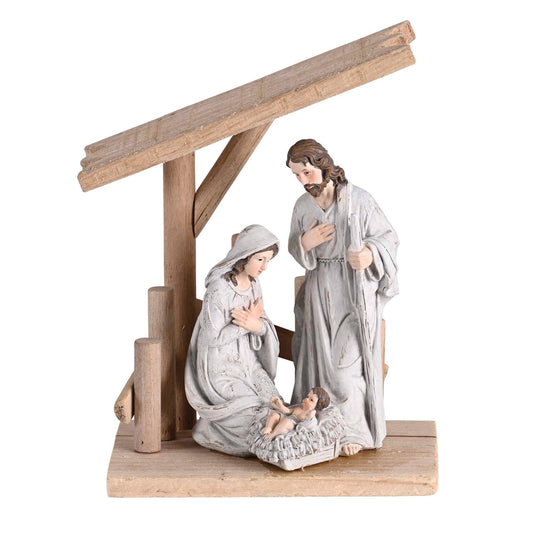 Nativity Holy Family in Wooden Creche - 8"