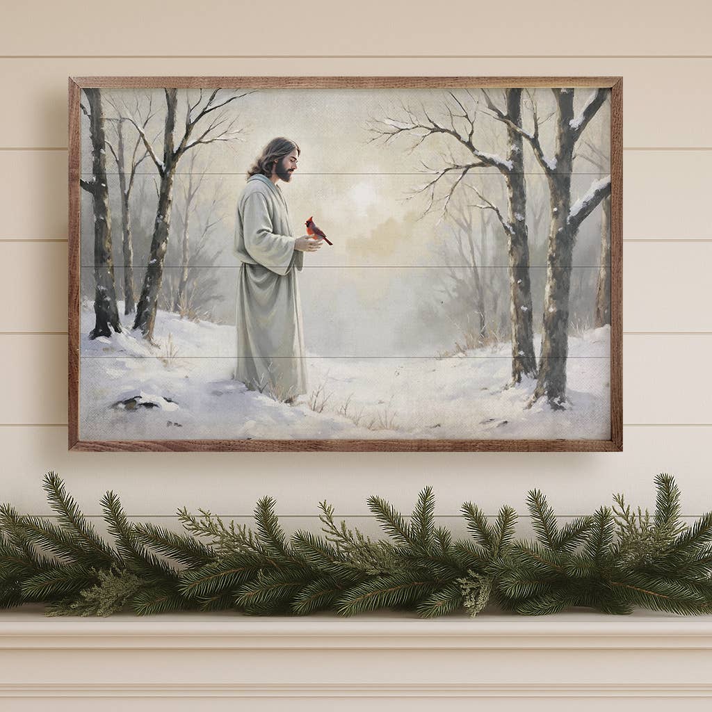 Cardinal And Jesus In Snow - 16"x10"