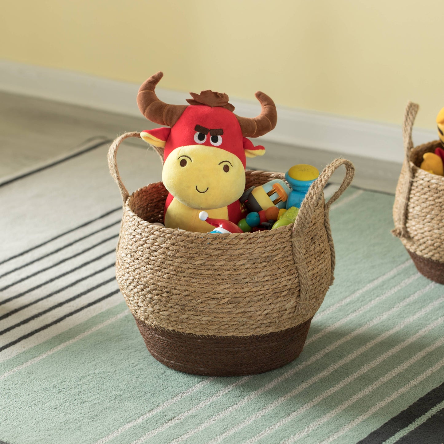 Decorative Round Storage Basket with Woven Handles