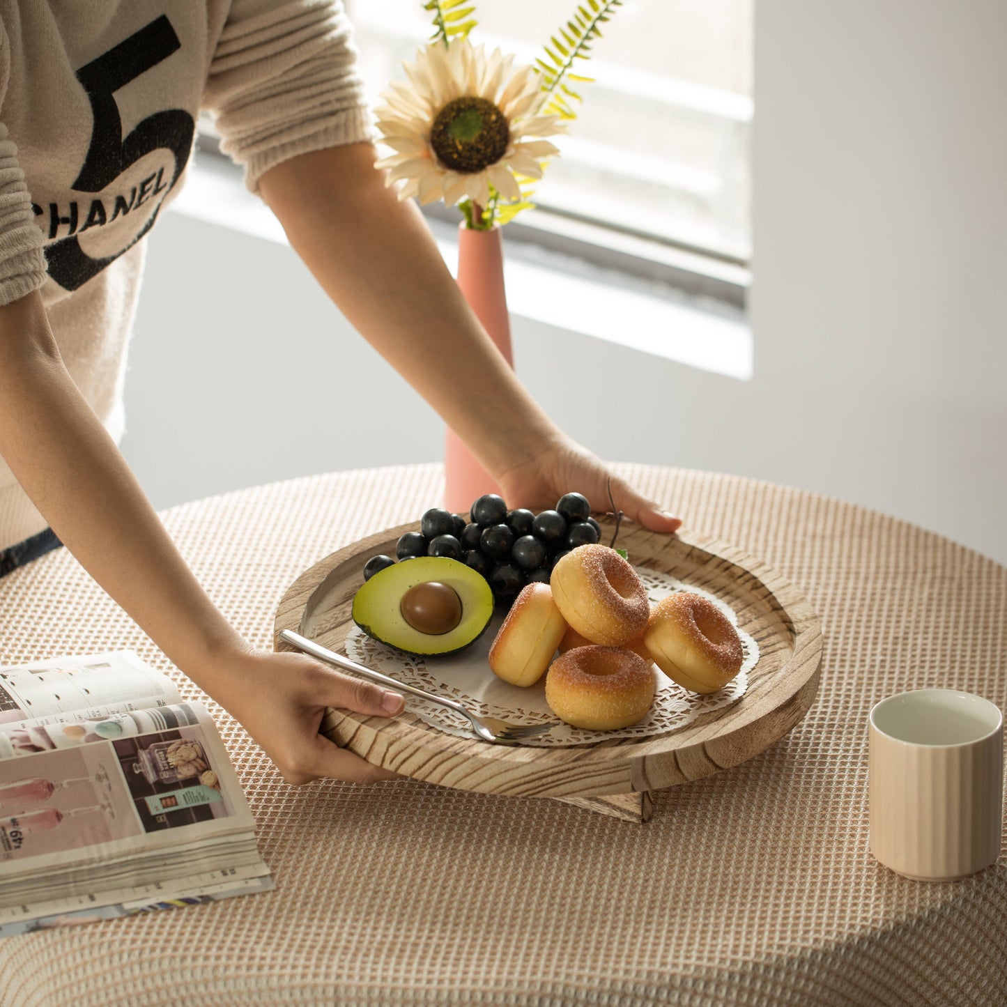 Natural Wooden Round Dish Ornament Slice Tray Table Charger