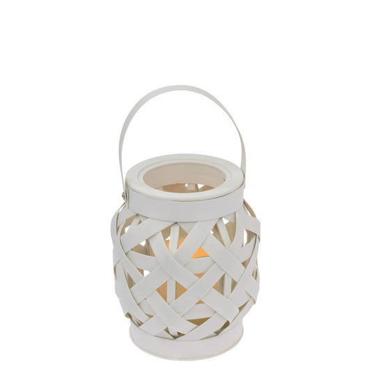 Small White Basketweave Lantern w/ Led Soy Candle