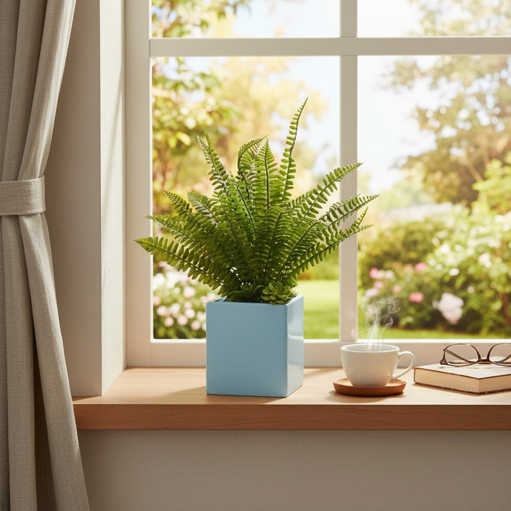 Fern in Light Blue Box Planter