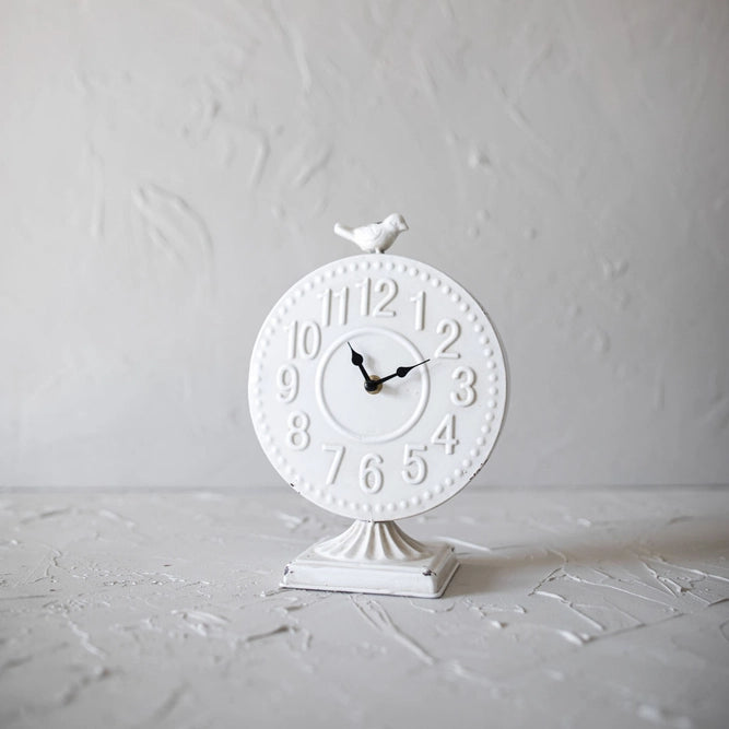 Bird Tabletop Clock White Metal