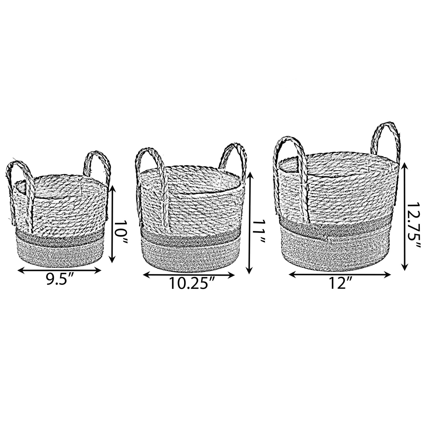 Decorative Round Storage Basket Set of 3 with Woven Handles