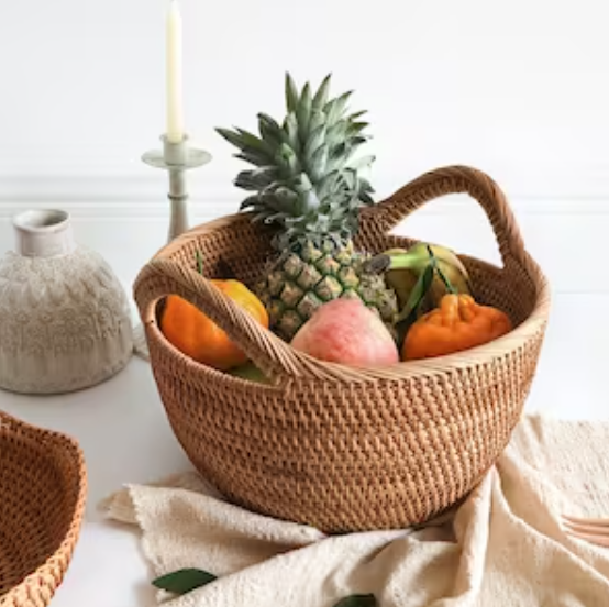 Handwoven Rattan Fruit Storage Basket 12"x12"x6"