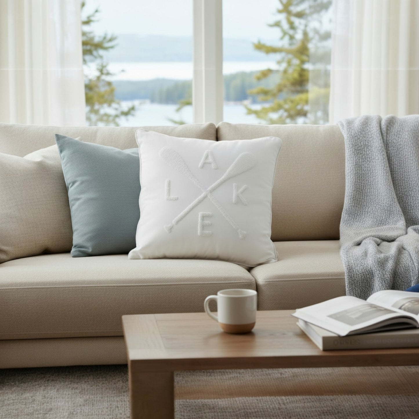 Lake Embroidered Pillow - White - 16"x16"