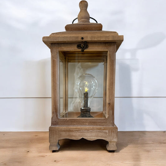 Natural Wooden Lantern with LED Bulb - 17"
