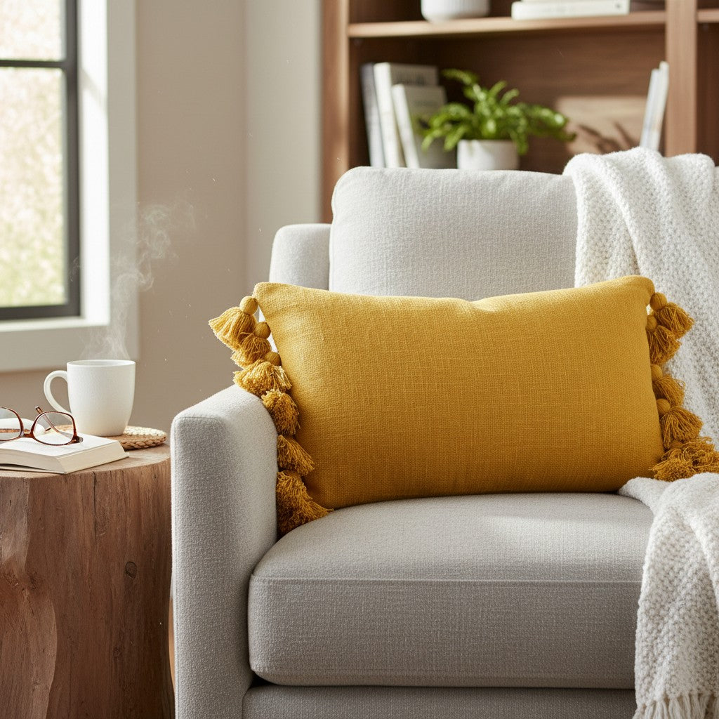 Mustard Lumbar Tassel Pillow - 16"x24"