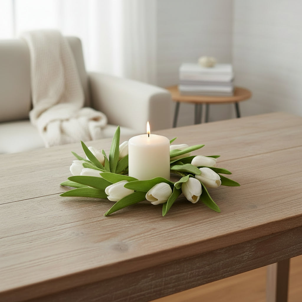 Soft Touch White Tulip Candle Ring - 5"
