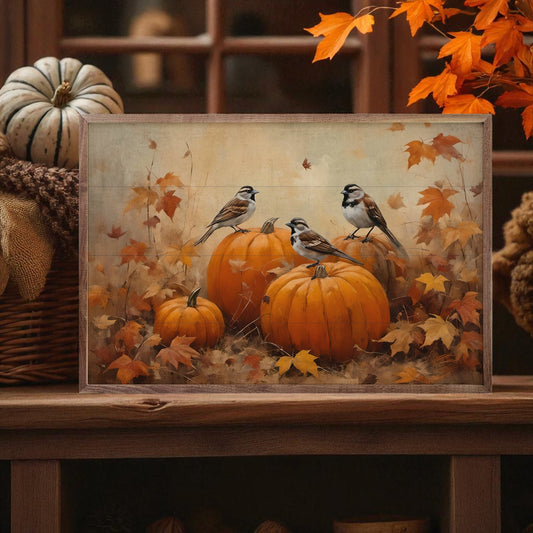 Sparrows On Pumpkins - 16"x10"