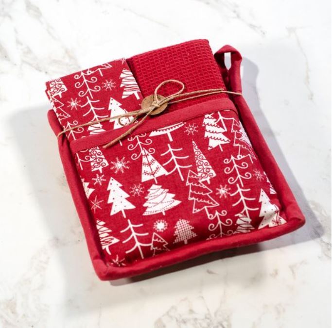 Red Christmas Tree Potholder Towel Set