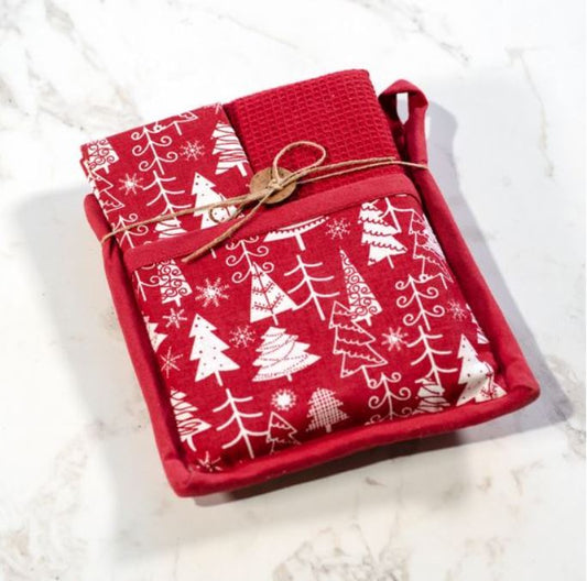 Red Christmas Tree Potholder Towel Set